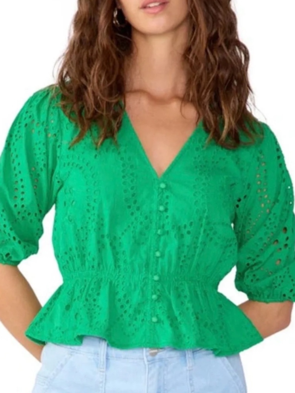 Sanctuary Emerald Eyelet Button-Front Peplum Blouse Size Small